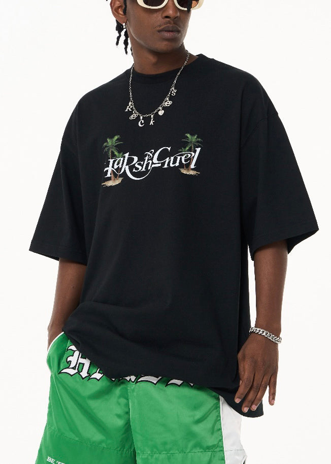 Loose Black Print Letter Cotton Mens T Shirt Summer