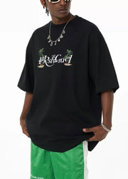 Loose Black Print Letter Cotton Mens T Shirt Summer