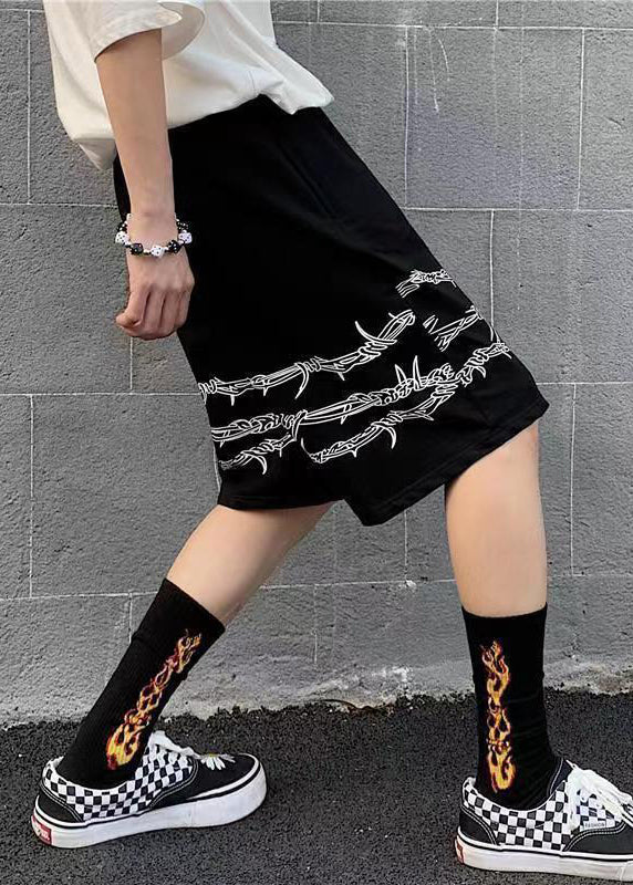 Loose Black Print Pockets Elastic Waist Cotton Men Shorts Summer