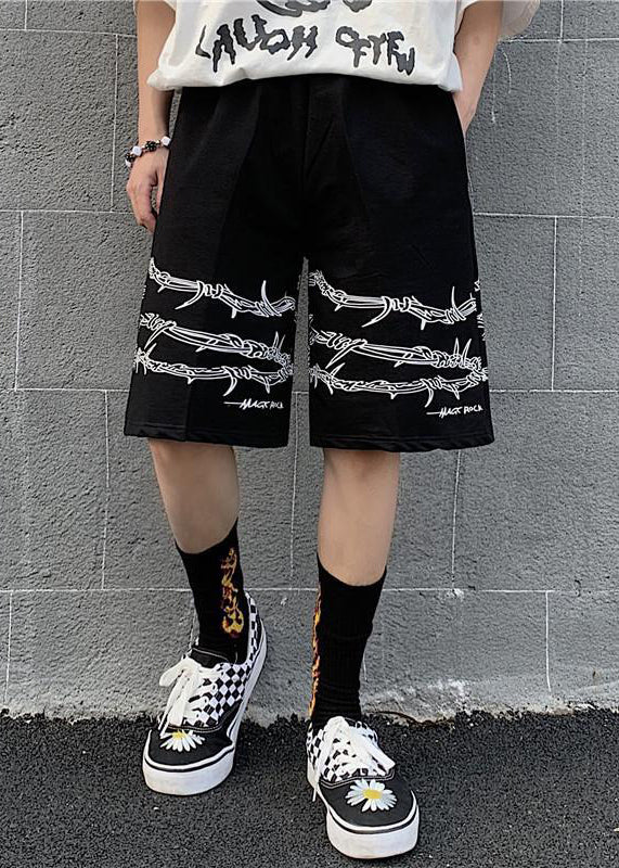 Loose Black Print Pockets Elastic Waist Cotton Men Shorts Summer