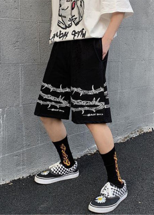 Loose Black Print Pockets Elastic Waist Cotton Men Shorts Summer