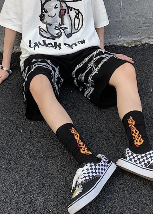 Loose Black Print Pockets Elastic Waist Cotton Men Shorts Summer