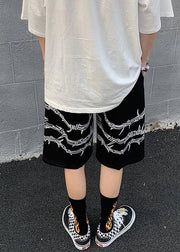 Loose Black Print Pockets Elastic Waist Cotton Men Shorts Summer
