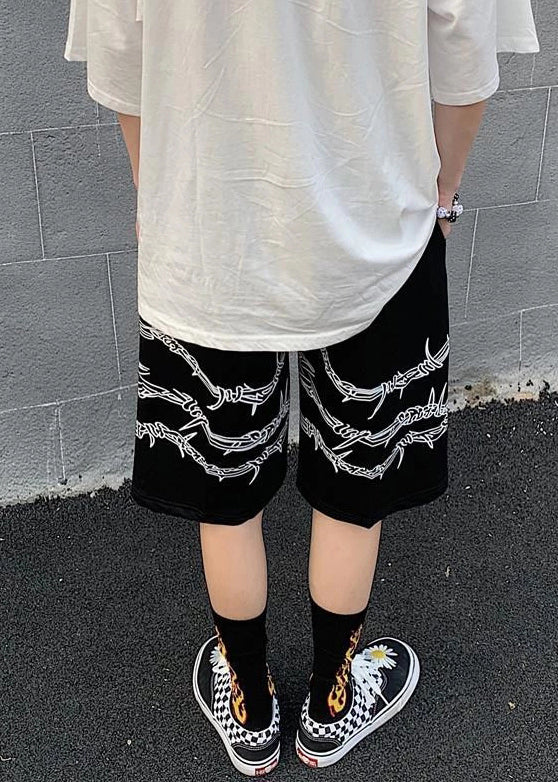 Loose Black Print Pockets Elastic Waist Cotton Men Shorts Summer