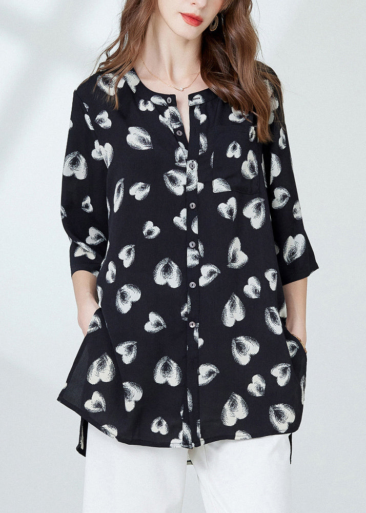 Loose Black Print Side Open Chiffon Blouses Bracelet Sleeve
