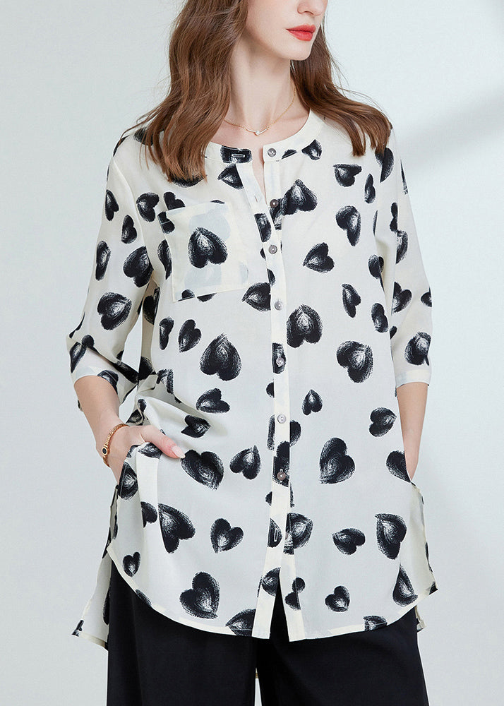Loose Black Print Side Open Chiffon Blouses Bracelet Sleeve