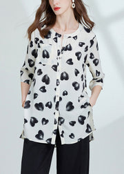 Loose Black Print Side Open Chiffon Blouses Bracelet Sleeve