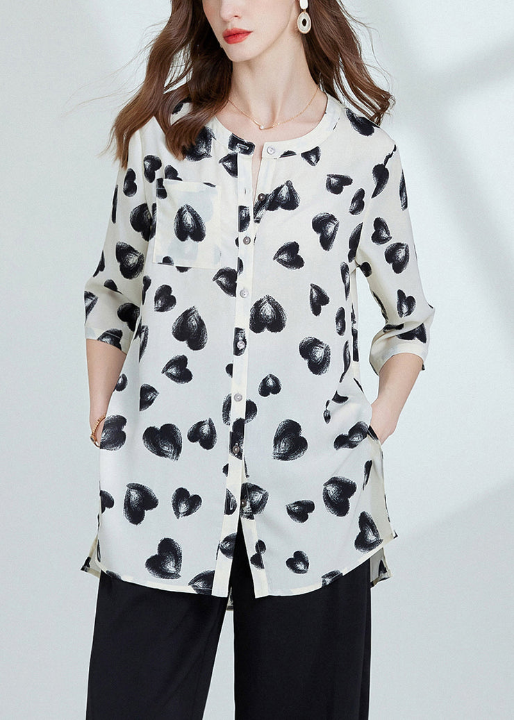 Loose Black Print Side Open Chiffon Blouses Bracelet Sleeve