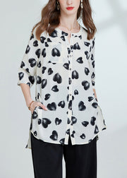 Loose Black Print Side Open Chiffon Blouses Bracelet Sleeve