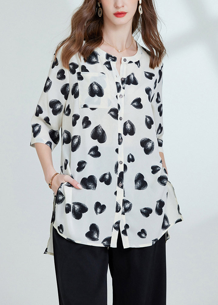 Loose Black Print Side Open Chiffon Blouses Bracelet Sleeve