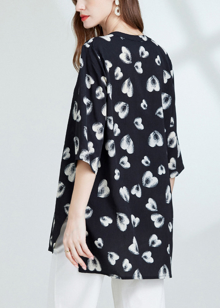 Loose Black Print Side Open Chiffon Blouses Bracelet Sleeve