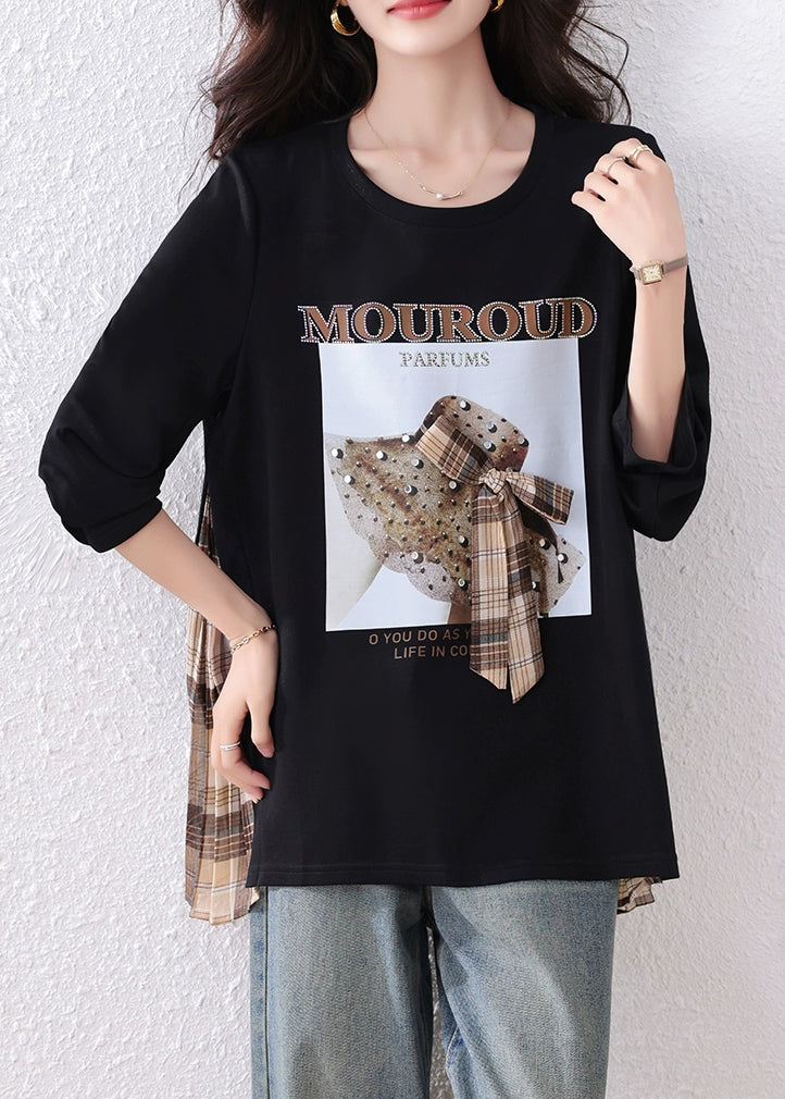 Loose Black Print Zircon Plaid Patchwork Cotton T Shirts Fall