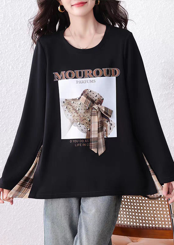 Loose Black Print Zircon Plaid Patchwork Cotton T Shirts Fall