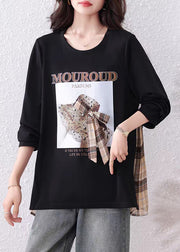 Loose Black Print Zircon Plaid Patchwork Cotton T Shirts Fall