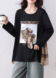 Loose Black Print Zircon Plaid Patchwork Cotton T Shirts Fall