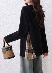 Loose Black Print Zircon Plaid Patchwork Cotton T Shirts Fall