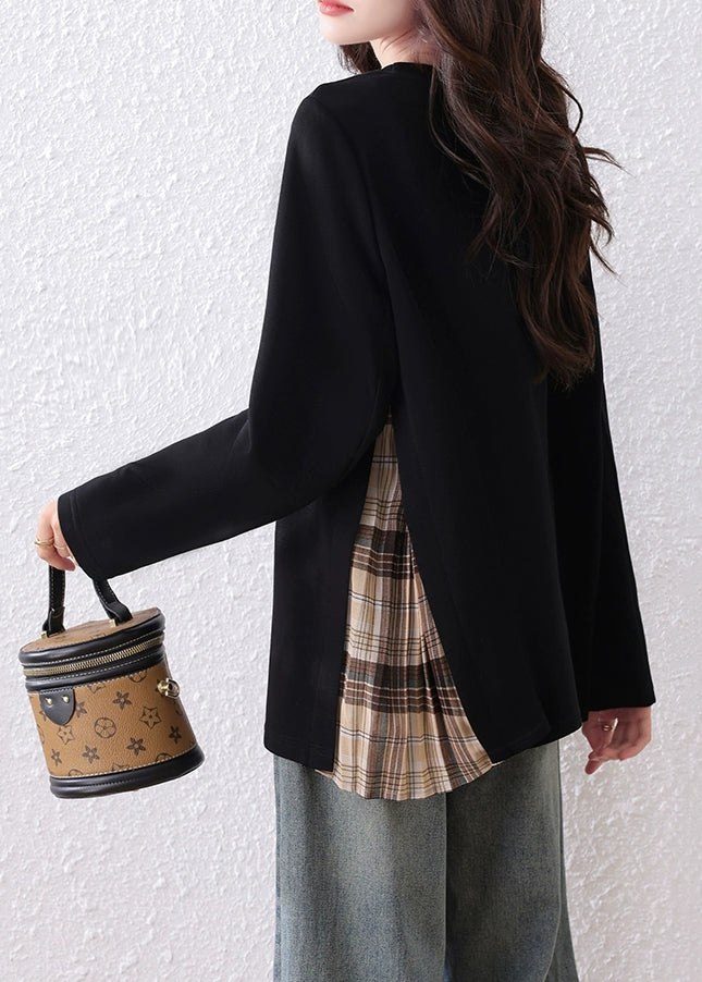 Loose Black Print Zircon Plaid Patchwork Cotton T Shirts Fall