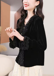 Loose Black Ruffled Button Silk Velour Shirt Fall