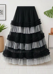 Loose Black Ruffled Elastic Waist Tulle Skirts Summer