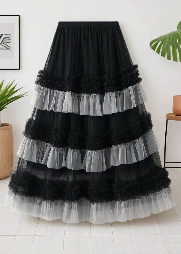 Loose Black Ruffled Elastic Waist Tulle Skirts Summer