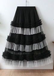 Loose Black Ruffled Elastic Waist Tulle Skirts Summer