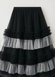 Loose Black Ruffled Elastic Waist Tulle Skirts Summer