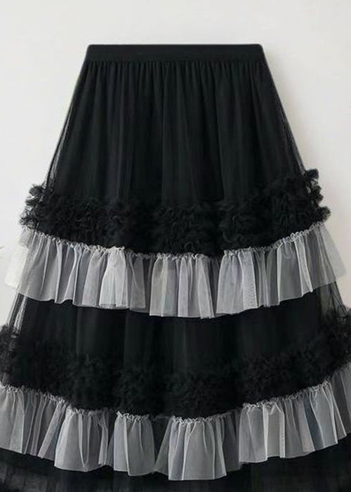 Loose Black Ruffled Elastic Waist Tulle Skirts Summer