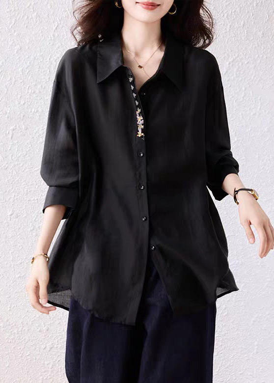 Loose Black Sequins Button Side Open Cotton Shirt Fall