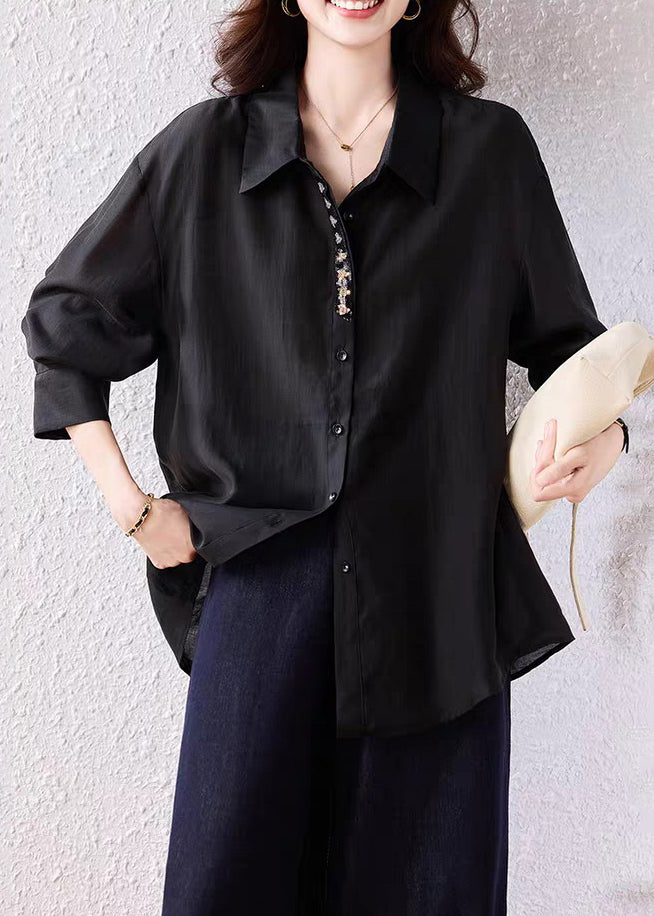 Loose Black Sequins Button Side Open Cotton Shirt Fall