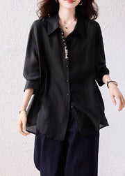 Loose Black Sequins Button Side Open Cotton Shirt Fall