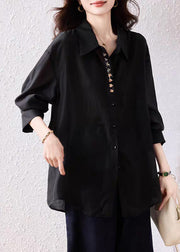Loose Black Sequins Button Side Open Cotton Shirt Fall