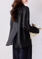 Loose Black Sequins Button Side Open Cotton Shirt Fall