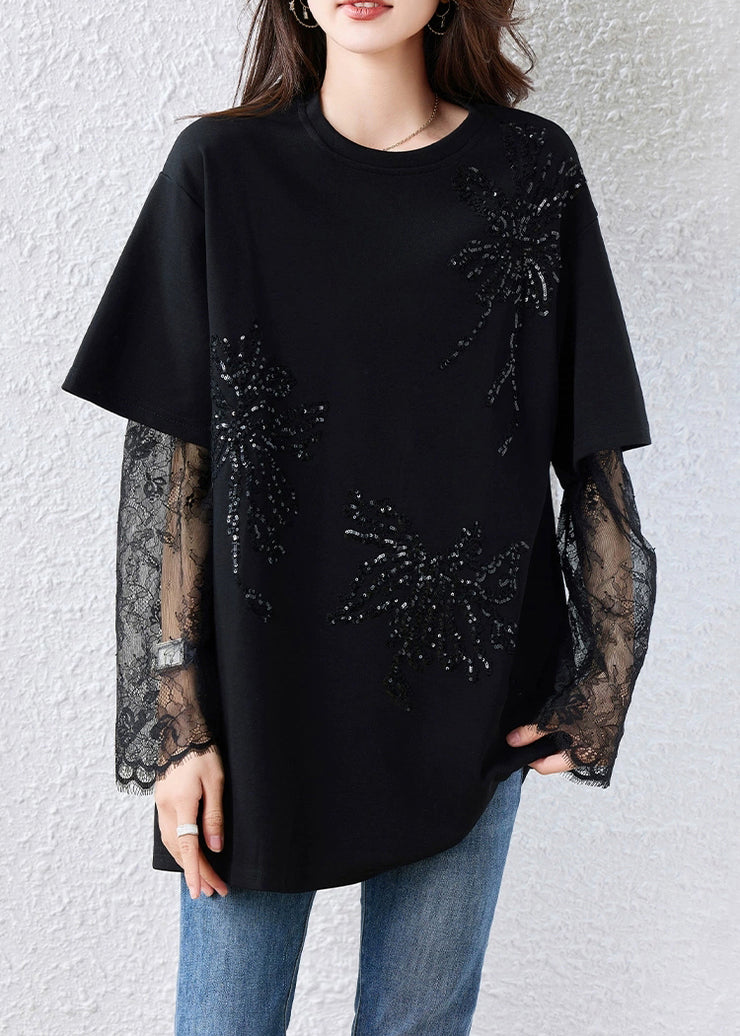 Loose Black Sequins Lace Patchwork Cotton T Shirts Fall