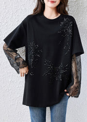 Loose Black Sequins Lace Patchwork Cotton T Shirts Fall