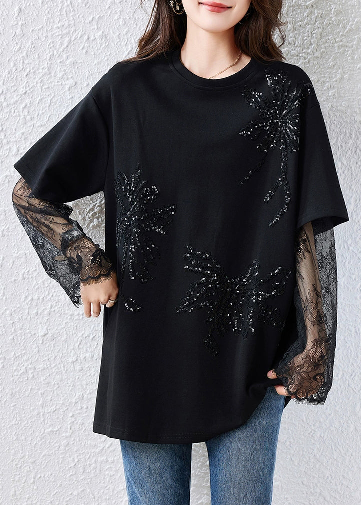 Loose Black Sequins Lace Patchwork Cotton T Shirts Fall