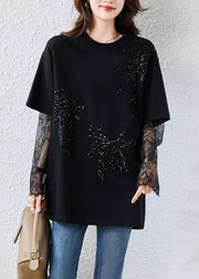 Loose Black Sequins Lace Patchwork Cotton T Shirts Fall