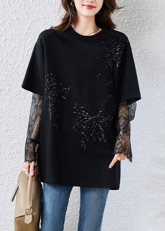 Loose Black Sequins Lace Patchwork Cotton T Shirts Fall