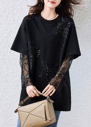 Loose Black Sequins Lace Patchwork Cotton T Shirts Fall