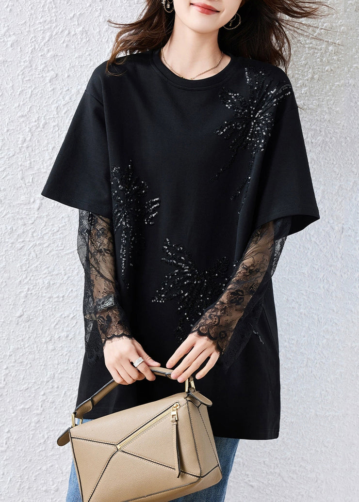 Loose Black Sequins Lace Patchwork Cotton T Shirts Fall
