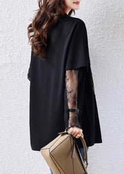 Loose Black Sequins Lace Patchwork Cotton T Shirts Fall