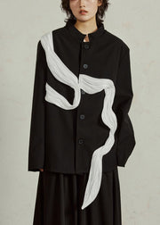 Loose Black Stand Collar Button Patchwork Spandex Coat Fall