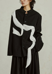 Loose Black Stand Collar Button Patchwork Spandex Coat Fall