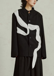 Loose Black Stand Collar Button Patchwork Spandex Coat Fall