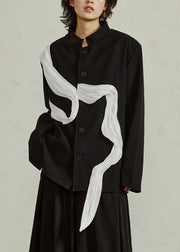 Loose Black Stand Collar Button Patchwork Spandex Coat Fall