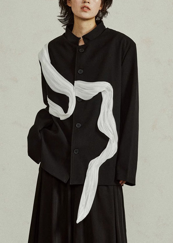 Loose Black Stand Collar Button Patchwork Spandex Coat Fall