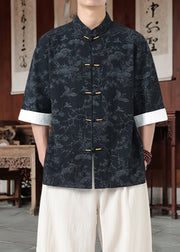 Loose Black Stand Collar Chinese Button Cotton Shirt Men Half Sleeve