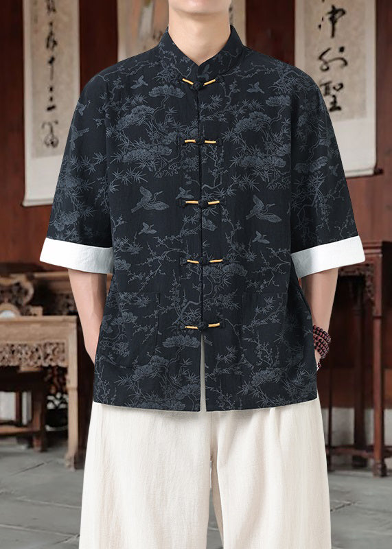 Loose Black Stand Collar Chinese Button Cotton Shirt Men Half Sleeve