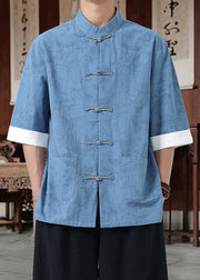 Loose Black Stand Collar Chinese Button Cotton Shirt Men Half Sleeve