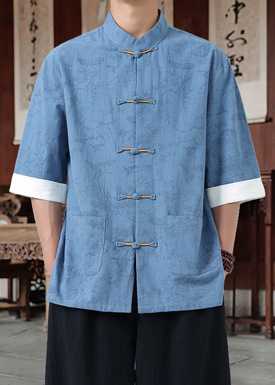 Loose Black Stand Collar Chinese Button Cotton Shirt Men Half Sleeve