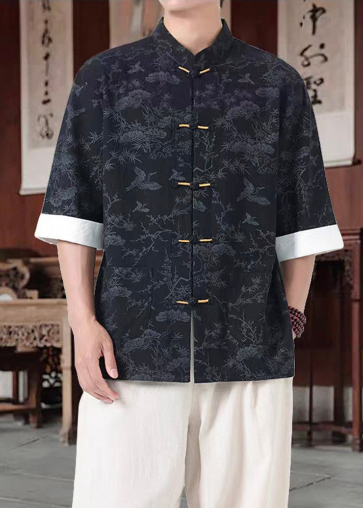 Loose Black Stand Collar Chinese Button Cotton Shirt Men Half Sleeve